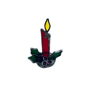 Vintage Christmas Stained Leaded Glass Figural Candle With Holly Leaves Berries